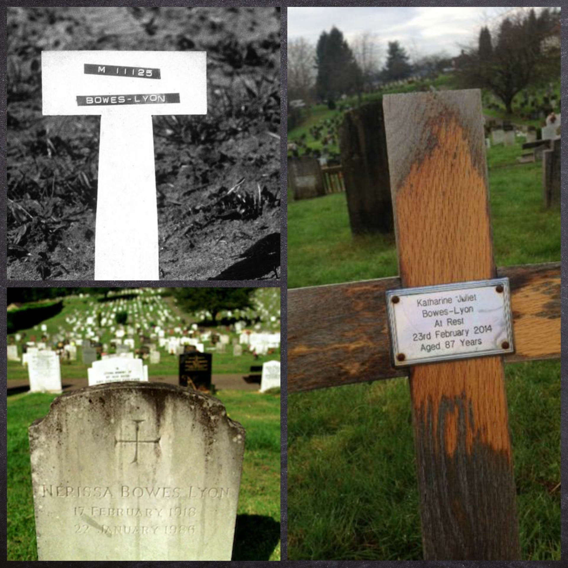 Nerissa’s original gravestone (top left), her later memorial (bottom left), and Katherine’s memorial (right)